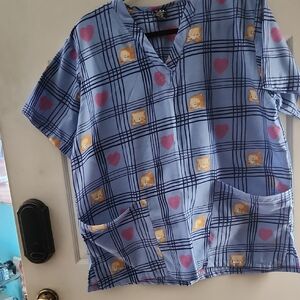 Blue Plaid Scrub Top with Heart and Bear Pattern